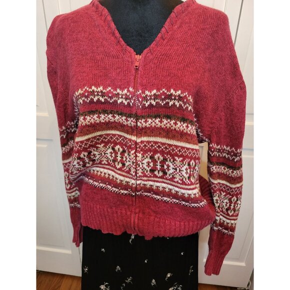 Tiara International Sweaters - Tiara Vintage 90's Burgundy/White Fair Isle Zip Up Sweater M Apres' Ski Cozy